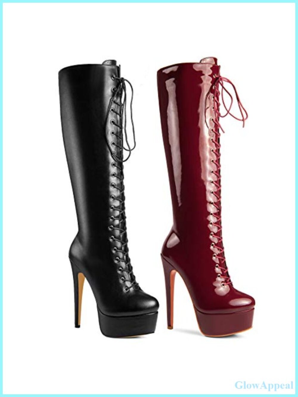 Faux Leather Knee High Platform Lace Up Stiletto Heel Boots